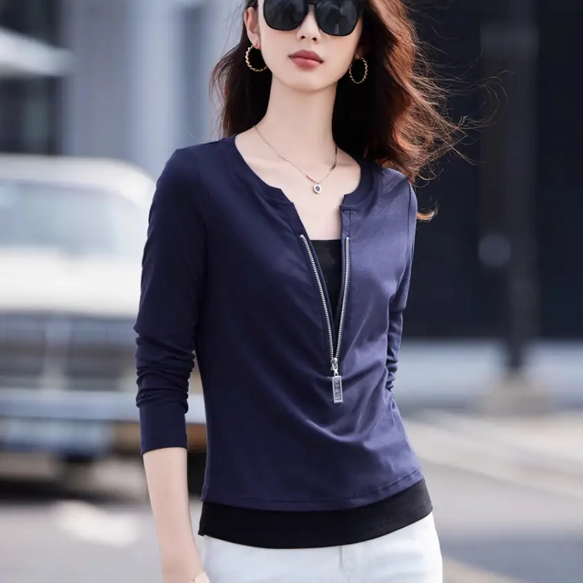 Women Cotton Zipper Long Sleeve Shirt Grey Slim Fit – Spring Autumn Casual Top - Image 3