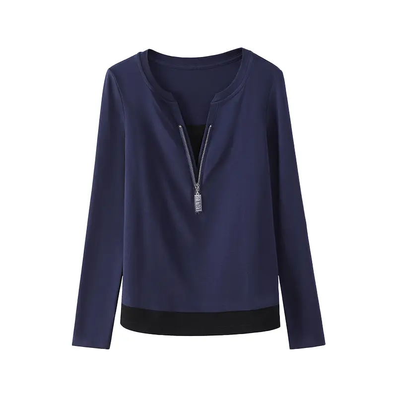 Women Cotton Zipper Long Sleeve Shirt Grey Slim Fit – Spring Autumn Casual Top - Image 2