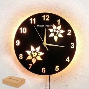 Flower Wooden Clock with LED Light Black Gold 12" – Modern Decorative Wall Clock