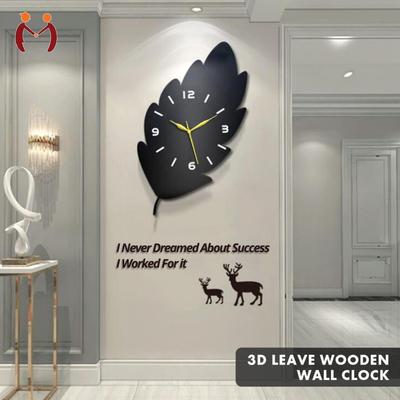 3D Leaf Wooden Wall Clock Black Golden Hands – Modern Decorative Home Clock - Image 3