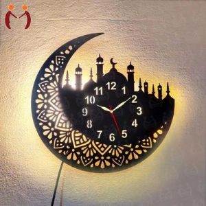 Islamic Wooden Wall Clock with Crescent Moon & Mosque Design