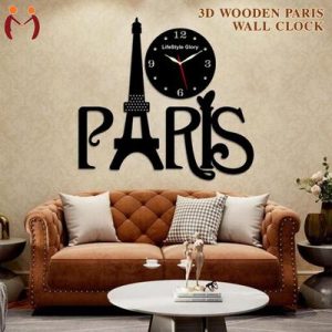 3D Wooden Paris Wall Clock Black Eiffel Tower Modern Decor
