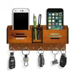 Wooden Mobile & Key Holder with Hooks | Wall Mounted Organizer for Keys, Phones & Essentials