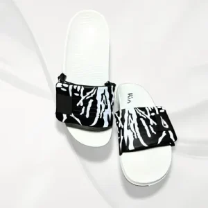 Men's Black Printed Slide Slippers – White Foam Comfortable All-Season Casual Slides