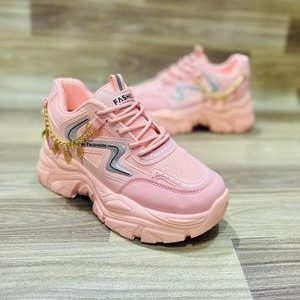 Pink Chunky Sneakers with Gold Chain Detail for Women | Stylish High Sole Casual Shoes