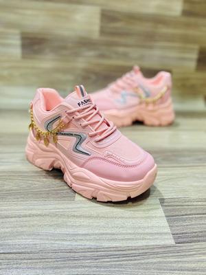 Pink Chunky Sneakers with Gold Chain Detail for Women | Stylish High Sole Casual Shoes