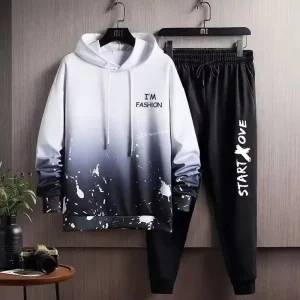 Men's Black Hooded Sweatshirt Set with Drawstring Waist – Casual 2-Piece Tracksuit for Men