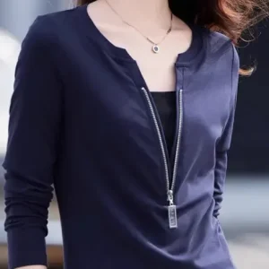 Women Cotton Zipper Long Sleeve Shirt Grey Slim Fit – Spring Autumn Casual Top