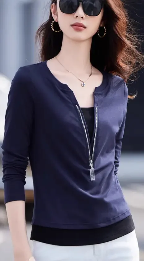 Women Cotton Zipper Long Sleeve Shirt Grey Slim Fit – Spring Autumn Casual Top