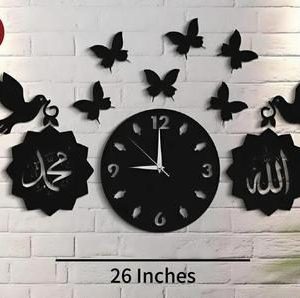 3D Islamic Wooden Wall Clock Black Modern Design – Elegant Arabic Calligraphy Home Decor
