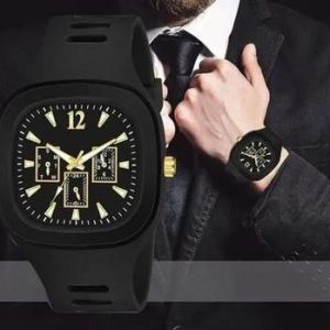 Men's Black Square Analogue Watch with Gold Accents – Stylish Classic Wrist Watch
