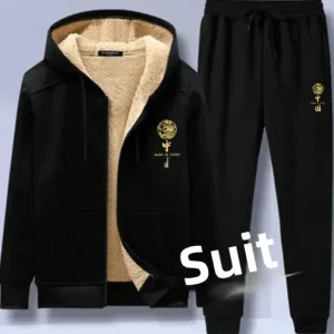 2026 Winter Men's Black Fleece Hoodie Set – Warm Hooded Sweatshirt & Casual Trouser 2-Piece Set