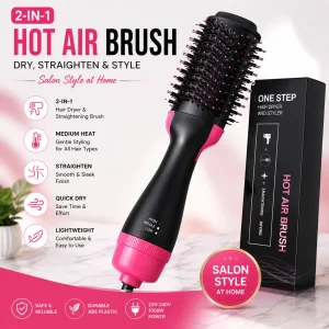 2-in-1 Hot Air Brush Hair Dryer & Straightening Brush Pink & Black Electric Hair Styler