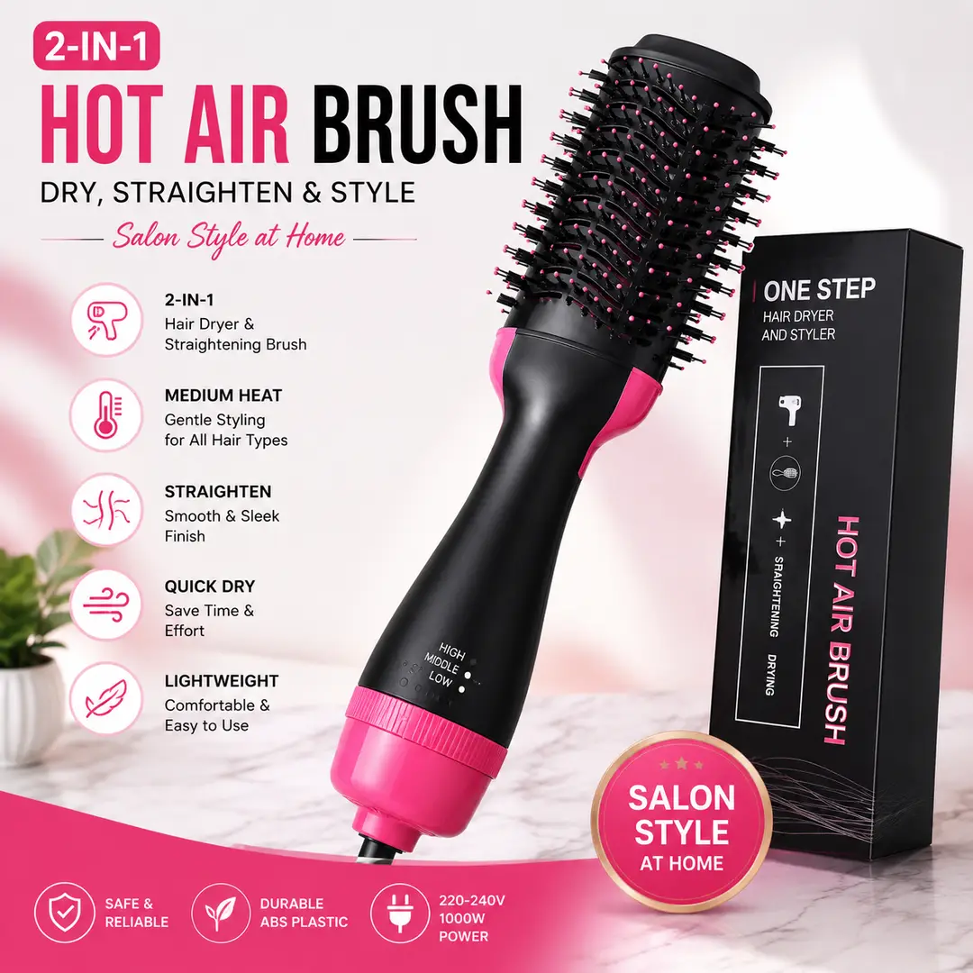 2-in-1 Hot Air Brush Hair Dryer & Straightening Brush Pink & Black Electric Hair Styler