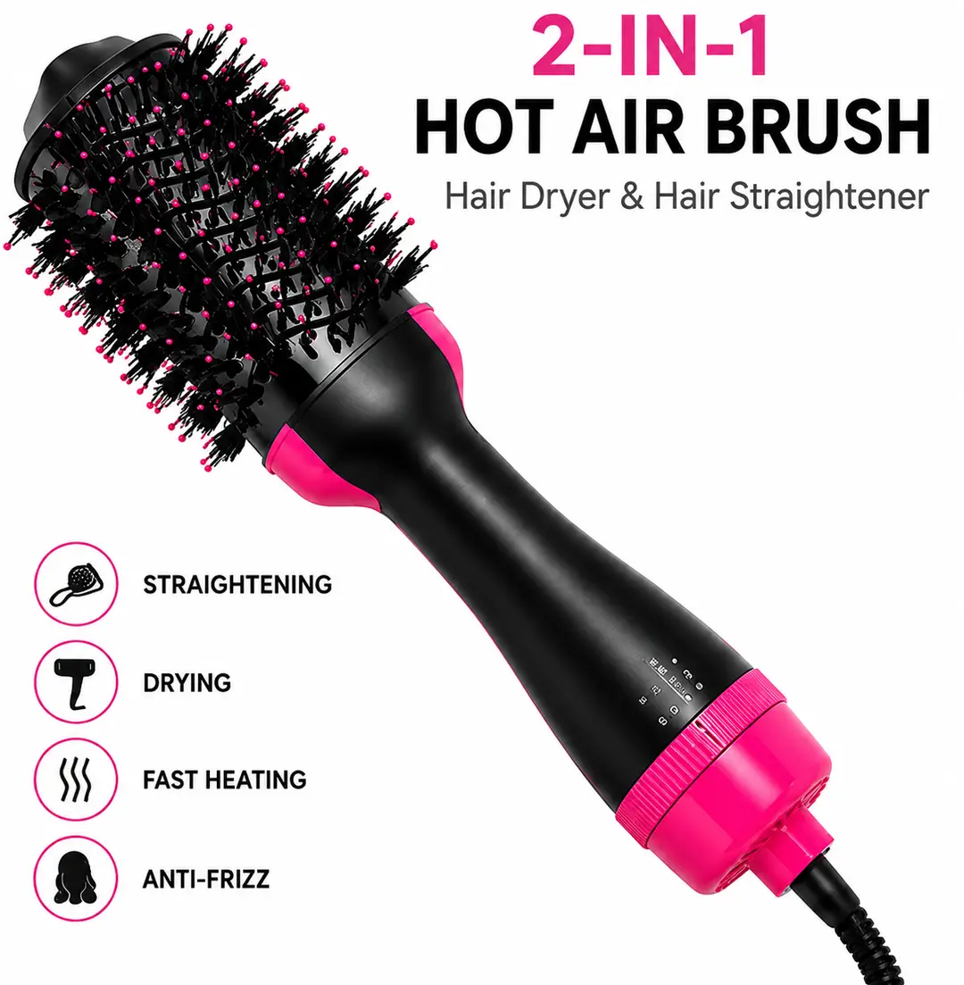 2-in-1 Hot Air Brush Hair Dryer & Straightening Brush Pink & Black Electric Hair Styler - Image 3
